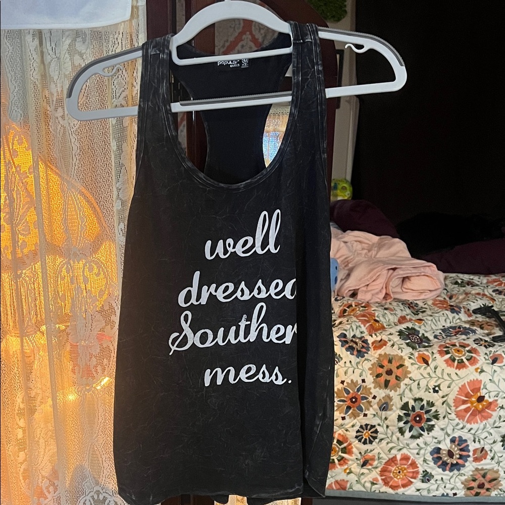 Popular Basics Black Tank Top with White Logo